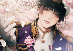 Rule 34 | 1boy, 9ibem, axis powers hetalia, buttons, cherry blossoms, collar, collared jacket, epaulettes, flower, gloves, hat, highres, indoors, jacket, japan (hetalia), long sleeves, looking at viewer, male focus, military, military hat, military jacket, military uniform, open clothes, open jacket, parted lips, peaked cap, petals, realistic, red eyes, short hair, solo, uniform, upper body, white gloves, white hat