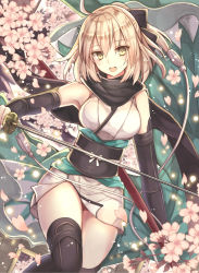 Rule 34 | 1girl, :d, ahoge, armpits, bare shoulders, black bow, black scarf, blonde hair, blush, bow, brown eyes, cherry blossoms, commentary request, cowboy shot, detached sleeves, fate/grand order, fate (series), hair bow, japanese clothes, katana, kimono, koha-ace, looking at viewer, md5 mismatch, nozomi fuuten, obi, okita souji (fate), okita souji (koha-ace), open mouth, sash, scarf, short hair, short kimono, sleeveless, sleeveless kimono, smile, solo, sword, twitter username, unsheathed, weapon