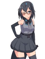Rule 34 | 1girl, ;(, absurdres, adapted costume, bare shoulders, belt, bespectacled, black-framed eyewear, black bow, black bowtie, black gloves, black hair, black skirt, black thighhighs, blue eyes, bow, bowtie, breasts, center frills, cosplay, elbow gloves, frills, frown, glasses, gloves, grey shirt, hand on own hip, head wings, highres, kemono friends, looking at viewer, medium breasts, one eye closed, serval (kemono friends), serval (kemono friends) (cosplay), shiraha maru, shirt, short hair, simple background, skirt, sleeveless, sleeveless shirt, solo, superb bird-of-paradise (kemono friends), tail, thighhighs, twitter username, white background, wings, zettai ryouiki