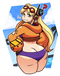 Rule 34 | 1girl, ass, bikini bottoms, blonde hair, butt crack, curvy, goggles, goggles on head, headset, highres, jacket, kujikawaii, long hair, looking at viewer, looking back, one piece, twintails, vegapunk york