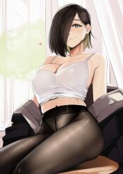 Rule 34 | 1girl, absurdres, black hair, black jacket, black pantyhose, breasts, cleavage, collarbone, cropped legs, grey eyes, hair over one eye, highres, jacket, jacket partially removed, kamura (rain prophet), large breasts, looking at viewer, medium hair, midriff, mole, mole above eye, mole on breast, mole under mouth, multicolored hair, navel, original, pantyhose, pupi (rain prophet), sitting, solo, tank top, thighs, two-tone hair, white tank top