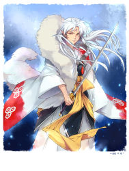 Rule 34 | 1boy, absurdres, crescent, facial mark, forehead mark, fur, highres, inuyasha, japanese clothes, linjie, long hair, male focus, pointy ears, sesshoumaru, solo, sword, weapon, white hair, yellow eyes
