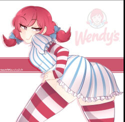 Rule 34 | 1girl, ass, blue bow, blush, bow, breasts, dress, non-web source, pinstripe pattern, puffy short sleeves, puffy sleeves, red hair, secretnarcissist, short sleeves, smile, smug, solo, striped clothes, striped dress, striped thighhighs, thighhighs, thighs, twintails, wendy&#039;s, wendy (wendy&#039;s)