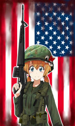 Rule 34 | 1girl, american flag, ammunition belt, ammunition pouch, assault rifle, blonde hair, blue eyes, card, cigarette pack, explosive, grenade, gun, helmet, looking at viewer, low twintails, m16, m16a1, military, military uniform, original, oshiru (sealeu), playing card, pouch, rifle, short hair, smile, soldier, solo, spade, trigger discipline, twintails, uniform, united states, weapon