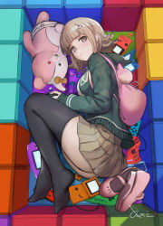 Rule 34 | 1girl, backpack, bag, black thighhighs, blunt bangs, bow, breasts, brown hair, brown skirt, controller, danganronpa (series), danganronpa 2: goodbye despair, dualshock, ear bow, famicom gamepad, flipped hair, from above, from side, full body, game boy, game boy advance, game boy advance sp, game boy color, game controller, gamepad, garter straps, green jacket, handheld game console, highres, hood, hood down, hooded jacket, jacket, looking at viewer, looking to the side, lying, medium breasts, miniskirt, monomi (danganronpa), nanami chiaki, nintendo ds, nintendo switch, on side, open clothes, open jacket, parted lips, pink footwear, playstation controller, playstation vita, pleated skirt, purple eyes, qosic, shoes, unworn shoes, short hair, sidelocks, skirt, solo, spoilers, super famicom gamepad, thighhighs, thighs