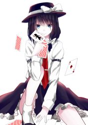 Rule 34 | 1girl, belt, black hair, blue eyes, bow, card, commentary request, fedora, floating card, hair bow, hat, hat bow, highres, holding, holding card, joker (playing card), kelu., long sleeves, looking at viewer, low twintails, maribel hearn, necktie, playing card, red necktie, silhouette, simple background, sitting, smile, solo, touhou, twintails, usami renko, white background