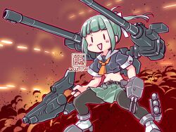 Rule 34 | 1girl, adapted turret, armored core, black pantyhose, blunt bangs, cannon, commentary request, full body, green hair, green skirt, grey sailor collar, grey shirt, kantai collection, karasawa (weapon), kutone shirika, long hair, machinery, midriff, neckerchief, orange neckerchief, pantyhose, pleated skirt, ponytail, sailor collar, sailor shirt, shirt, skirt, smoke, solo, torpedo launcher, triangle mouth, turret, yuubari (kancolle), | |