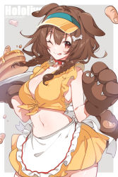 Rule 34 | 1girl, 88 (einnimnech), ;q, animal ears, animal hands, apron, bare arms, braid, brown hair, crop top, dog ears, dog girl, dog tail, doggy god&#039;s street, food, gloves, grey background, hair between eyes, highres, holding, holding tray, hololive, inugami korone, long hair, looking at viewer, miniskirt, navel, one eye closed, outside border, pancake, pancake stack, paw gloves, severed finger, skirt, solo, swimsuit, tail, tongue, tongue out, tray, twin braids, virtual youtuber, visor cap, waist apron, white apron, yellow skirt