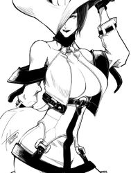 Rule 34 | 1girl, bare shoulders, breasts, falcoon, gloves, guilty gear, guilty gear xx, hat, i-no, large breasts, mole, mole above mouth, monochrome, short hair, underboob, witch hat