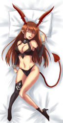 Rule 34 | 1girl, bare shoulders, breasts, brown hair, cleavage, demon girl, detached sleeves, drooling, closed eyes, female focus, full body, hiba (p-p-purin), high heels, horns, long hair, lord of vermilion, lying, midriff, navel, open mouth, pillow, pointy ears, saliva, shoes, single thighhigh, sleeping, smile, solo, demon girl, succubus (lord of vermilion), tail, thighhighs, white background
