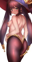 Rule 34 | 1girl, ass, back, black hair, black pantyhose, blue hat, breasts, butt crack, genshin impact, green eyes, hat, hat ornament, highres, john zhang, long hair, looking at viewer, looking back, medium breasts, mona (genshin impact), nipples, open mouth, pantyhose, solo, thighlet, topless, twintails, witch hat