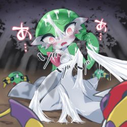 Rule 34 | 1girl, ariados, blurry, blurry background, blurry foreground, blush, bob cut, breasts, breath, bug, collarbone, colored skin, commission, constricted pupils, creatures (company), drooling, empty eyes, female focus, forest, full body, game freak, gardevoir, gen 2 pokemon, gen 3 pokemon, green hair, green skin, hand up, highres, japanese text, knee up, m3 (gardevoir m3), mouth drool, multicolored skin, nature, nintendo, nose blush, open mouth, outdoors, pokemon, pokemon (creature), red eyes, restrained, short hair, silk, sitting, skeb commission, small breasts, spider, spider web, spinarak, tears, translation request, tree, two-tone skin, wavy eyes, wavy mouth, white skin, wide-eyed