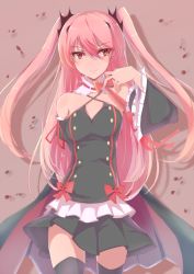 Rule 34 | 10s, 1girl, arm behind back, bare shoulders, black thighhighs, detached sleeves, hair ornament, kameponde, krul tepes, owari no seraph, pink eyes, pink hair, ribbon-trimmed collar, ribbon trim, smile, solo, thighhighs, twintails, two side up, zettai ryouiki