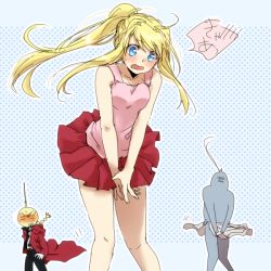 Rule 34 | 1girl, 2boys, ahoge, alphonse elric, armor, blonde hair, blush, braid, braided ponytail, coat, covering privates, covering crotch, edward elric, fullmetal alchemist, long hair, multiple boys, open mouth, pleated skirt, ponytail, skirt, tsukuda0310, wavy mouth, wind, wind lift, winry rockbell