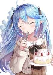 Rule 34 | 1girl, absurdres, ahoge, aran sweater, black bow, black bowtie, blue flower, blue hair, blush, bow, bowtie, cable knit, cake, cardigan, closed eyes, commentary request, dress, flower, food, fork, fruit, hair between eyes, happy birthday, highres, holding, holding cake, holding food, holding fork, holding plate, hololive, hutaba miyagi, long hair, plate, pointy ears, sailor collar, sailor dress, simple background, solo, strawberry, sweater, utensil in mouth, virtual youtuber, white background, white cardigan, white sailor collar, yukihana lamy, yukihana lamy (casual)