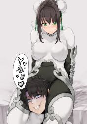 Rule 34 | 1boy, 1girl, arm support, asphyxiation, black hair, blue eyes, blush, bodysuit, brown hair, bun cover, chinese clothes, choke hold, closed mouth, commentary request, covered erect nipples, covered navel, double bun, english text, fate/grand order, fate (series), femdom, flying sweatdrops, fujimaru ritsuka (male), gloves, green eyes, hair between eyes, hair bun, hair ornament, heart, hews, highres, qin liangyu (fate), rolling eyes, scissorhold, sidelocks, sitting, strangling, sweat, sweatdrop, thick thighs, thigh grab, thighs, turn pale