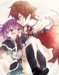 1boy 1girl agulo arlcoate_marius black_footwear black_thighhighs blue_eyes blush brown_gloves brown_hair cape carrying gloves hetero highres kaerunyo_panyon long_hair poron_chao princess_carry purple_hair rance_(series) rance_10 red_cape thighhighs