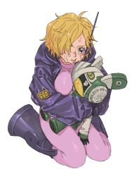 Rule 34 | 1boy, 1girl, android, antennae, bare shoulders, blonde hair, blush, bodysuit, breasts, glasses, gloves, hair over one eye, highres, hug, injection, injury, jacket, large breasts, lips, looking at another, midriff, one piece, parted lips, purple eyes, purple jacket, robot, sad, shiny clothes, short hair, sitting, size difference, skin tight, teardrop, tears, tight clothes, urasanmyaku, vegapunk edison, vegapunk lilith, white background, wide hips