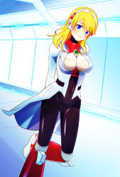 1girl alia_(mega_man) arms_behind_back blonde_hair blue_eyes breasts coat highres indoors lab_coat large_breasts looking_at_viewer medium_hair mega_man_(series) mega_man_x_(series) rikka_(user_hruv2435) robot_girl smile solo white_coat