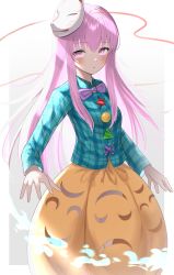 Rule 34 | 1girl, absurdres, anima miko, bare legs, blue shirt, blush, bow, bowtie, circle, collared shirt, cross, expressionless, fire, fox mask, hata no kokoro, highres, long hair, long skirt, long sleeves, looking at viewer, mask, mask on head, orange skirt, parted lips, pink eyes, pink hair, plaid, plaid shirt, purple bow, purple bowtie, shirt, skirt, solo, star (symbol), touhou, triangle, very long hair