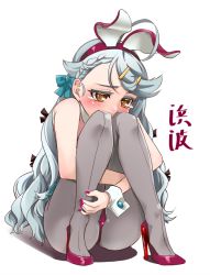 Rule 34 | 1girl, ahoge, alternate costume, alternate hairstyle, animal ears, aqua bow, bow, braid, braided bangs, brown eyes, character name, commentary request, embarrassed, grey hair, grey pantyhose, hair bow, hair down, hamanami (kancolle), high heels, hugging own legs, kantai collection, leotard, long hair, pantyhose, playboy bunny, purple footwear, purple leotard, rabbit ears, simple background, sitting, solo, udukikosuke, white background, wrist cuffs
