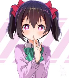 Rule 34 | 10s, 1girl, :o, black hair, bow, bowtie, cardigan, commentary request, dated, finger to mouth, green bow, green bowtie, hair between eyes, hair bow, long sleeves, looking at viewer, love live!, love live! school idol project, m/, otonokizaka school uniform, pink cardigan, red bow, red eyes, school uniform, shipii (jigglypuff), solo, standing, striped bow, striped bowtie, striped clothes, striped neckwear, twintails, upper body, yazawa nico