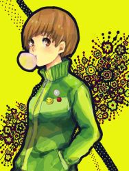 Rule 34 | 1girl, atlus, breasts, brown eyes, brown hair, blowing bubbles, chewing gum, coubo, hands in pockets, jacket, looking at viewer, persona, persona 4, satonaka chie, short hair, smiley face, solo, sweater, tegaki, track jacket