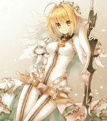 Rule 34 | 10s, 1girl, aestus estus, ahoge, belt, belt buckle, belt skirt, blonde hair, bodysuit, breasts, bridal veil, buckle, chain, closed mouth, cowboy shot, dutch angle, eyes visible through hair, fate/extra, fate/extra ccc, fate (series), flower, flower wreath, full-length zipper, gloves, gluteal fold, gradient background, green eyes, grey background, hair bun, hair intakes, hands up, head wreath, ice (ice aptx), legs together, light particles, light smile, lock, looking at viewer, medium breasts, nero claudius (bride) (fate), nero claudius (fate), nero claudius (fate) (all), padlock, petals, planted, planted sword, planted weapon, short hair with long locks, showgirl skirt, sidelocks, single hair bun, skin tight, skirt, smile, solo, standing, sword, thigh gap, turtleneck, unzipped, veil, veils, weapon, white flower, white gloves, white skirt, wrist cuffs, zipper, zipper pull tab