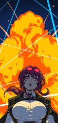 Rule 34 | 1girl, akairiot, breasts, commentary, english commentary, explosion, fire, goggles, goggles on head, highres, honkai: star rail, honkai (series), kafka (honkai: star rail), large breasts, lipstick, long bangs, looking down, makeup, medium hair, night, night sky, parted lips, red eyes, red hair, sky, solo, spider web print, star (sky), starry sky, upper body