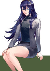 Rule 34 | 1girl, ameno (a meno0), black shirt, black skirt, blue eyes, blue hair, closed mouth, fire emblem, fire emblem awakening, floating hair, green background, grey jacket, hair between eyes, hairband, hand on own knee, invisible chair, jacket, long hair, long sleeves, looking at viewer, lucina (fire emblem), miniskirt, nintendo, open clothes, open jacket, pencil skirt, shirt, sitting, skirt, smile, solo, two-tone background, very long hair, white background, yellow hairband