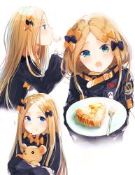Rule 34 | 1girl, abigail williams (fate), abigail williams (traveling outfit) (fate), bad id, bad pixiv id, belt, black bow, black dress, black jacket, blonde hair, blue eyes, blush, bow, closed mouth, dress, eating, fate/grand order, fate (series), food, forehead, hair bow, happiness lilys, heroic spirit traveling outfit, high collar, holding, holding stuffed toy, jacket, long hair, long sleeves, looking at viewer, multiple hair bows, multiple views, hugging object, official alternate costume, open mouth, orange bow, parted bangs, plate, simple background, sleeves past fingers, sleeves past wrists, stuffed animal, stuffed toy, teddy bear, white background