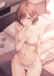 Rule 34 | 1girl, absurdres, ae iueo, bare shoulders, bed, breasts, brown hair, commentary request, highres, higuchi madoka, idolmaster, idolmaster shiny colors, indoors, medium breasts, mole, mole under eye, nail polish, navel, off shoulder, one eye closed, petals, pillow, purple eyes, short hair, solo, swept bangs, tears, tissue box, underwear, underwear only