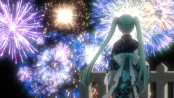 Rule 34 | 1girl, aerial fireworks, arms at sides, commentary request, facing away, fireworks, hatsune miku, highres, japanese clothes, kimono, koniro, long hair, long sleeves, night, print kimono, railing, solo, twintails, very long hair, vocaloid
