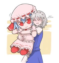Rule 34 | absurdres, apron, blouse, blue hair, blush, commission, dress, english text, frilled shirt, frilled skirt, frills, from side, hat, highres, hug, hug from behind, hugging doll, hugging object, innuendo, izayoi sakuya, maid, maid apron, maid headdress, mata (matasoup), mob cap, pink dress, pink hat, pink shirt, pixiv commission, red eyes, shirt, silver hair, skirt, solo, stuffed toy, touhou