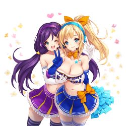 Rule 34 | 2girls, ayase eli, blonde hair, blue eyes, blush, breasts, cheerleader, cleavage, closed mouth, crop top, elbow gloves, gloves, grabbing, grabbing another&#039;s breast, grabbing from behind, green eyes, hair ornament, large breasts, long hair, love live!, love live! school idol festival, love live! school idol project, low twintails, midriff, multiple girls, navel, one eye closed, open mouth, pom pom (cheerleading), ponytail, purple hair, skirt, smile, takaramonozu, thighhighs, toriseru (rare stone), tojo nozomi, twintails, v, zettai ryouiki