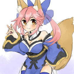 Rule 34 | 10s, 1girl, animal ears, bow, breasts, cleavage, detached sleeves, fate/extra, fate (series), fox ears, fox tail, hair ribbon, hekikuu (kanaderuyume), pink hair, ribbon, sketch, solo, tail, tamamo no mae (fate/extra), twintails, yellow eyes