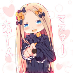 Rule 34 | 1girl, :d, abigail williams (fate), black bow, black dress, blonde hair, blue eyes, blush, bow, chocolate, commentary request, dress, fate/grand order, fate (series), fingernails, food, forehead, hair bow, head tilt, heart, highres, holding, holding food, long hair, long sleeves, no headwear, open mouth, orange bow, outstretched arm, parted bangs, polka dot, polka dot bow, sleeves past fingers, sleeves past wrists, smile, solo, su guryu, teeth, translation request, upper body, upper teeth only, valentine, very long hair