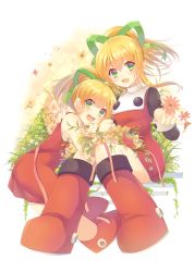 Rule 34 | 2girls, arm around shoulder, bare arms, blonde hair, blush, boots, breasts, child, dress, flower, full body, grass, green ribbon, hair ornament, hair ribbon, happy, high ponytail, knees together feet apart, long hair, long sleeves, looking at viewer, looking to the side, medium breasts, multiple girls, multiple persona, aged up, open mouth, ponytail, red dress, red footwear, rento (rukeai), ribbon, mega man (series), mega man (classic), mega man 8, roll (mega man), shoes, sidelocks, sitting, smile, teeth, white background