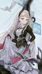Rule 34 | 1girl, animal, apron, arknights, bird, black dress, black gloves, blue sky, closed mouth, commentary request, cross, cross earrings, day, dress, earrings, frills, gloves, grey eyes, grey hair, highres, ichita (yixisama-shihaohaizhi), irene (arknights), irene (voyage of feathers) (arknights), jewelry, juliet sleeves, latin cross, long hair, long sleeves, maid, outdoors, puffy sleeves, sky, solo, very long hair, white apron