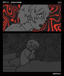 Rule 34 | 1boy, artist name, bed, comic, commentary, english commentary, hanazawa teruki, hands over own mouth, highres, kaogens, male focus, mob psycho 100, monochrome, nightmare, open mouth, pillow, shirt, short hair, short sleeves, sitting, sweat