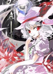 Rule 34 | 1girl, belt, crystal, dress, female focus, floating, floating object, frills, from side, gem, glowing, looking at viewer, looking to the side, mo, puffy short sleeves, puffy sleeves, red eyes, remilia scarlet, short sleeves, shunsei (muratou), silver hair, solo, touhou, upper body, white dress