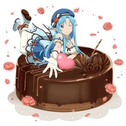 Rule 34 | 1girl, ;), asuna (sao-alo), blue eyes, blue hair, blue hat, blue ribbon, breasts, cake, choker, cleavage, dress, flower, food, full body, gloves, hat, hat flower, hat ribbon, legs up, long hair, lying, medium breasts, on stomach, one eye closed, outstretched arm, pantyhose, petals, pointy ears, red flower, ribbon, short dress, simple background, smile, solo, sword art online, very long hair, white background, white gloves, white pantyhose