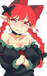 Rule 34 | 1girl, animal ears, bare shoulders, bell, bow, braid, cat ears, collar, collarbone, extra ears, hair bow, heart, highres, kaenbyou rin, konata gazel, neck bell, pointy ears, red eyes, red hair, simple background, solo, tongue, tongue out, touhou, twin braids, white background