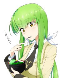 Rule 34 | anmitsu (dessert), blazer, bow, bowl, c.c., code geass, commentary request, eating, eyebrows, food, green eyes, green hair, hair bow, highres, jacket, long hair, low ponytail, low twintails, mattari yufi, necktie, ppmutail), school uniform, smile, solo, spoon, translation request, twintails, utensil in mouth, yellow eyes
