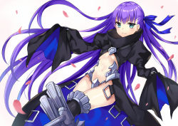 Rule 34 | 10s, 1girl, armor, armored boots, bad id, bad pixiv id, beige background, black coat, black thighhighs, blue eyes, blush, boots, closed mouth, coat, crotch plate, fate/extra, fate/extra ccc, fate (series), floating hair, hands in opposite sleeves, harimoji, juliet sleeves, long hair, long sleeves, looking at viewer, meltryllis (fate), navel, petals, puffy sleeves, purple hair, revealing clothes, simple background, smile, solo, thighhighs, thighs, very long hair