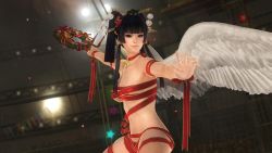 Rule 34 | 1girl, 3d, bell, black hair, breasts, christmas, dead or alive, dead or alive 5, large breasts, long hair, naked ribbon, nyotengu, official art, ribbon, solo, underboob