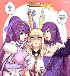 Rule 34 | 3girls, blonde hair, blush, breasts, cleavage, clone, commission, dress, dual persona, english text, fate/grand order, fate (series), fellatrix, futa with female, futanari, gameplay mechanics, girl sandwich, grabbing, grabbing another&#039;s breast, groping, head wings, implied futanari, implied handjob, large breasts, lipstick, lipstick mark, long hair, makeup, multigrope, multiple girls, naughty face, open mouth, purple hair, sandwiched, scathach (fate), scathach skadi (fate), scathach skadi (third ascension) (fate), smile, sound effects, speech bubble, sweat, thrud (fate), tiara, tongue, tongue out, valkyrie (fate), very long hair, wings, yuri