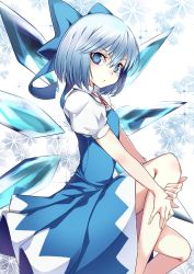 Rule 34 | 1girl, blue bow, blue dress, blue eyes, blue hair, bow, breasts, cirno, dress, feet out of frame, from side, hair between eyes, hair bow, highres, ice, ice wings, knee up, looking at viewer, momendoufu, neck ribbon, parted lips, pinafore dress, puffy short sleeves, puffy sleeves, red ribbon, ribbon, shirt, short hair, short sleeves, sleeveless dress, small breasts, solo, sparkle, touhou, white background, white shirt, wing collar, wings