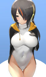 Rule 34 | 10s, 1girl, black jacket, blue background, blush, breasts, brown eyes, closed mouth, covered navel, drawstring, emperor penguin (kemono friends), hair over one eye, hand on own chest, headphones, highleg, highleg leotard, highres, hip focus, hood, hoodie, jacket, kemono friends, large breasts, leotard, long hair, long sleeves, looking to the side, multicolored hair, noel (nnoelllll), open clothes, open hoodie, solo, streaked hair, turtleneck, white leotard