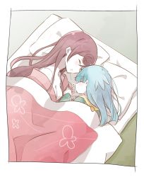 Rule 34 | 2girls, absurdres, age difference, blue hair, breasts, cleavage, commentary request, closed eyes, futon, hair down, highres, holding hands, hoshikawa lily, long hair, lying, medium breasts, multiple girls, nakamura taiyaki, on side, onee-loli, pillow, red hair, yuugiri (zombie land saga), zombie land saga